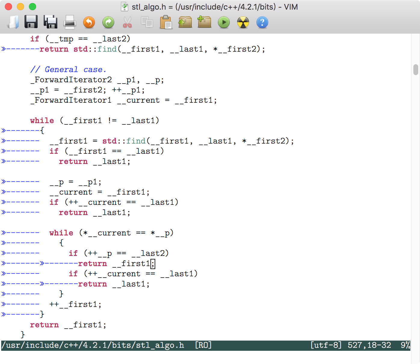 GNU 风格的 C++ 代码(注意大括号的缩进风格和高亮的 tab 宽度) Fig8.1